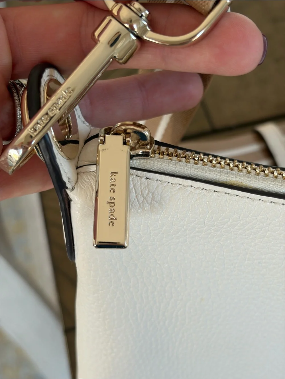Kate Spade Ivory White Pebbled Leather Crossbody with Tan Striped Strap Like New